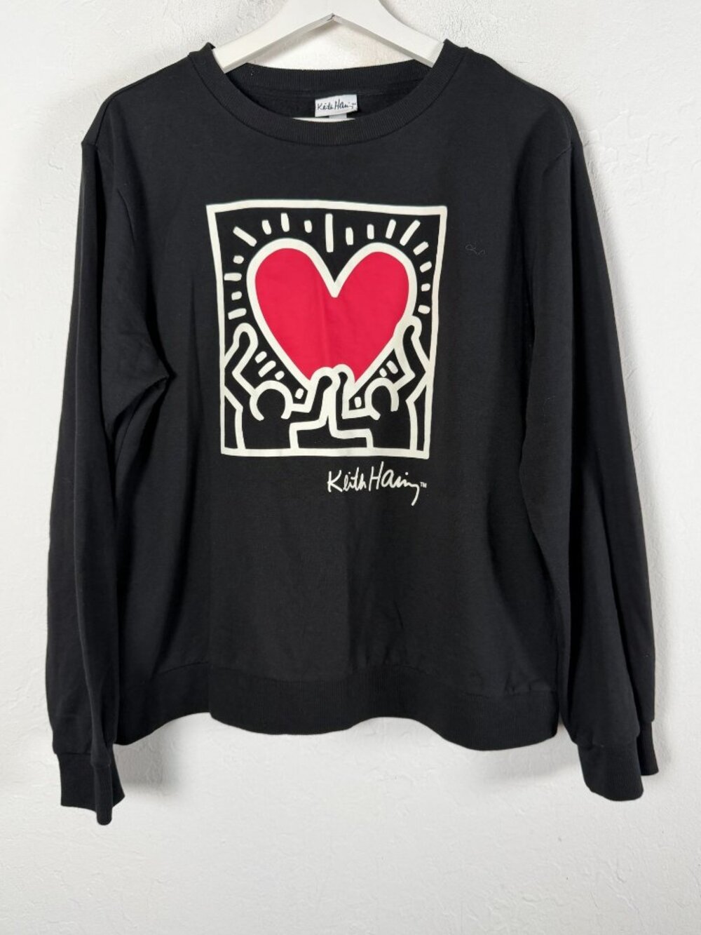 Keith Haring Womens Graphic Long Sleeve Sweatshirt Black Red Heart Pop Art Large